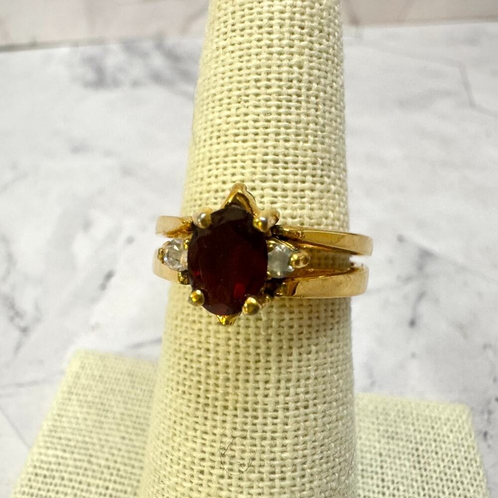 Vintage 14k HGE Reversible Flip Ring Gold Tone Simulated Diamond & Ruby Size 6